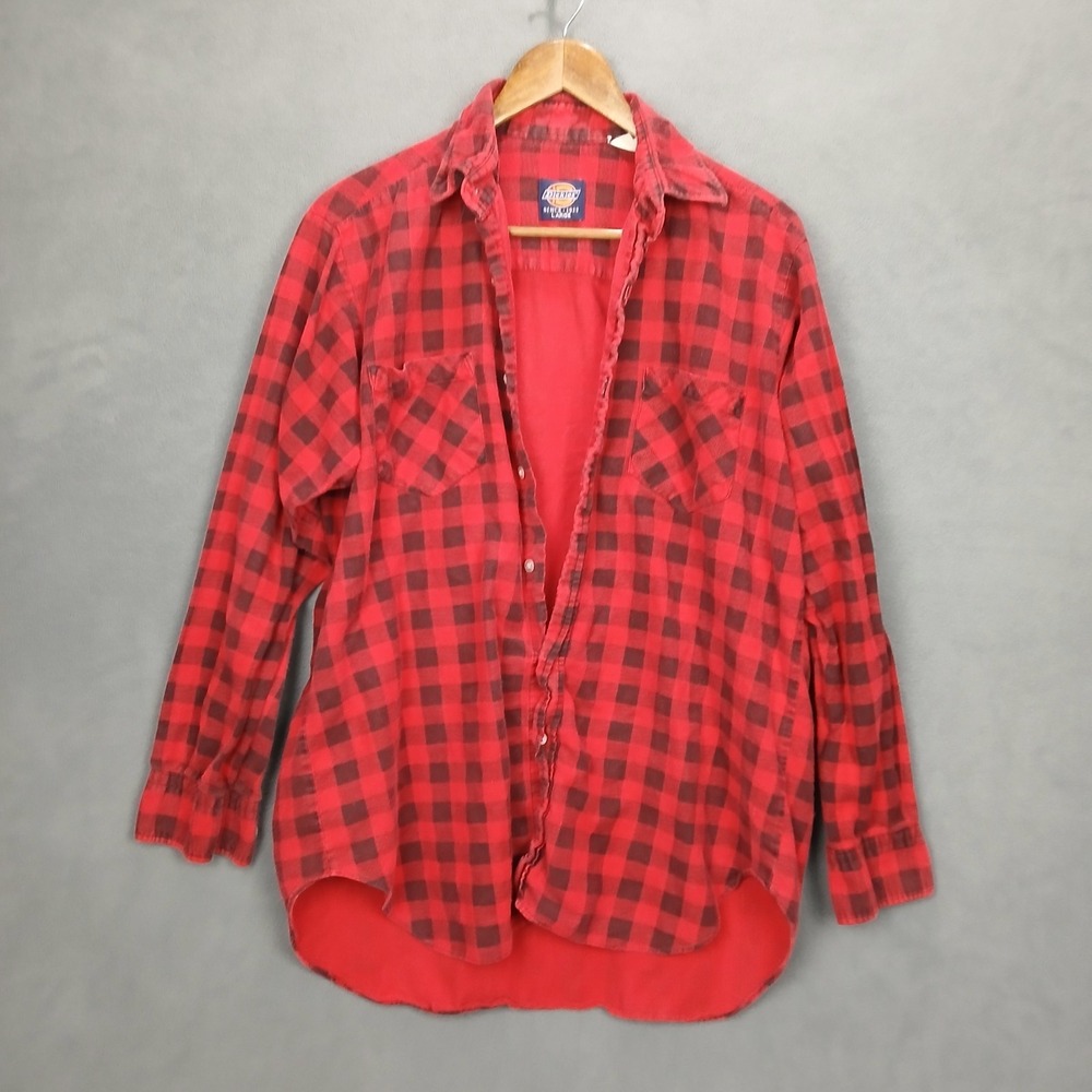 Dickies Shirt Mens Large Red Black Buffalo Plaid Flannel Shirttail Hem Button Up